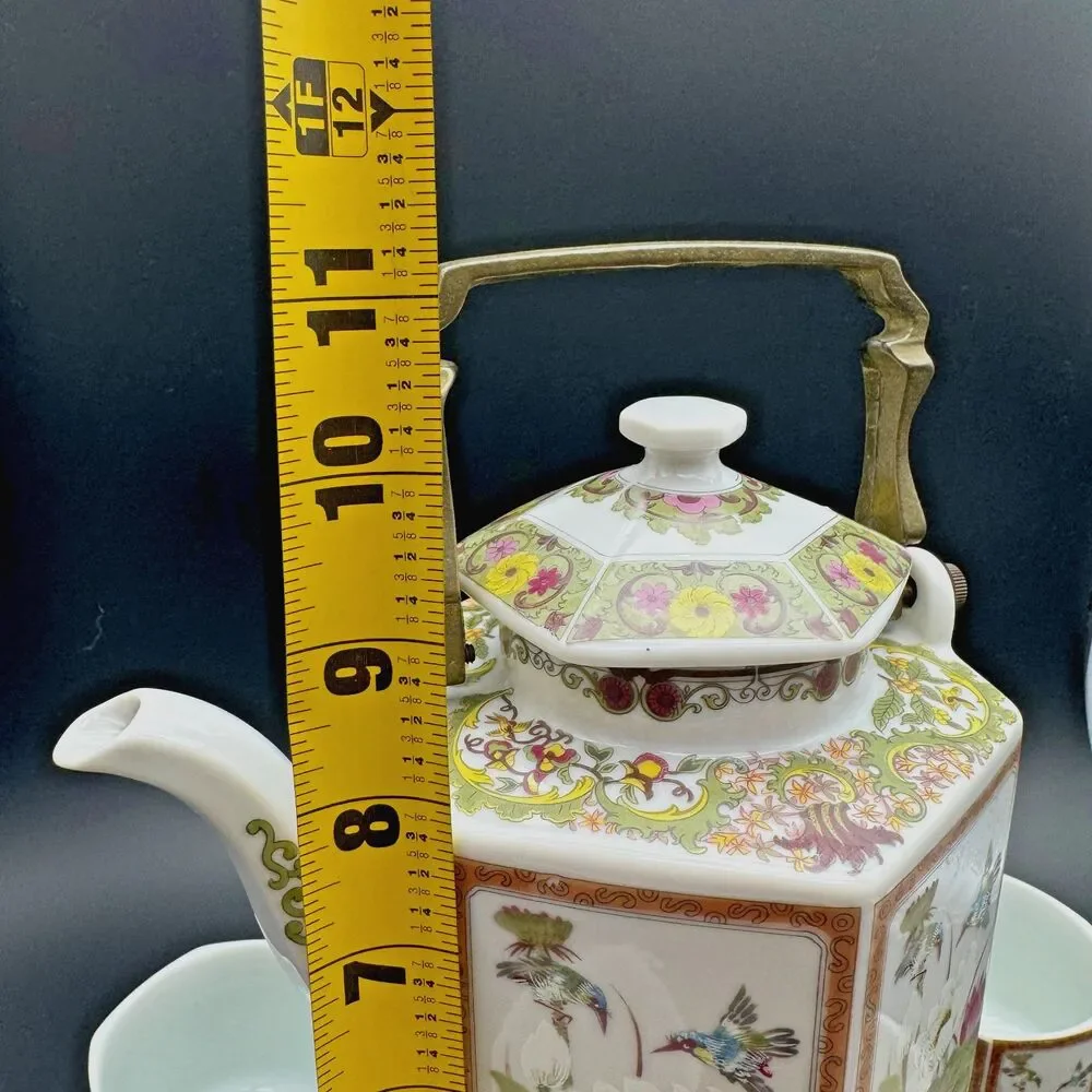 Toyo Ming Lotus Japan Porcelain Tea Warmer Set Teapot 6 Cups Hexagon Chinoiserie